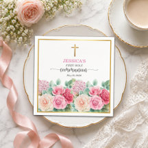 Croix d'or de la Première Communion Fleurs Roses p