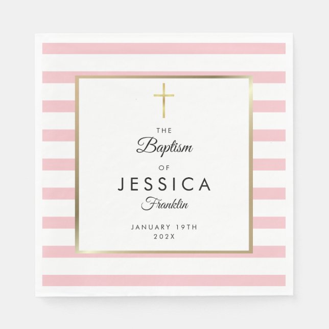 Serviette En Papier Croix dorée Baptême rayure rose (Devant)