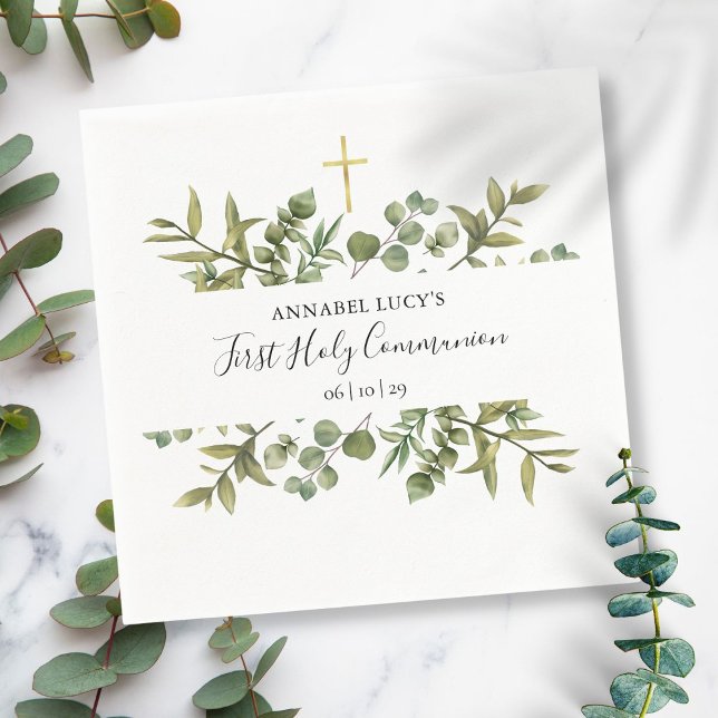 Serviette En Papier Croix dorée de la première communion avec feuillag (Créateur téléchargé)