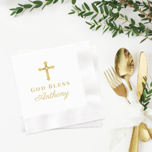 Serviette En Papier Croix dorée élégante Dieu bénisse le baptême de bé