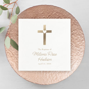 Serviette En Papier Croix dorée simple avec baptême du cœur