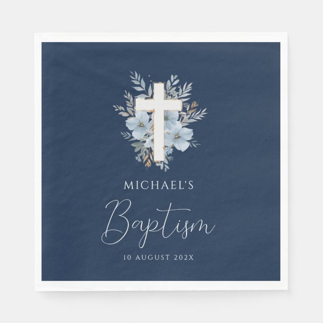 Serviette En Papier croix florale bleu marine baptême (Devant)