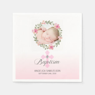 Serviette En Papier Croix florale de la fille blanche rose du Baptême