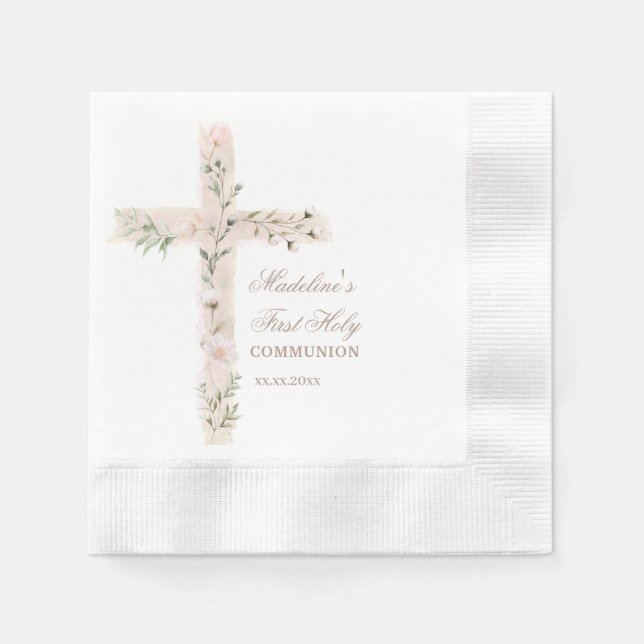 Serviette En Papier croix florale Première communion (Devant)