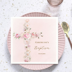 Serviette En Papier Croix florale rose de baptême
