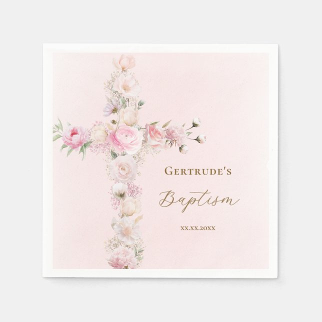 Serviette En Papier Croix florale rose de baptême  (Devant)