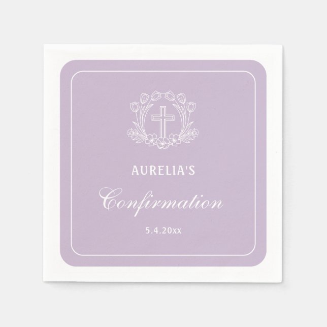 Serviette En Papier Croix florale simple sur Lilac Confirmation (Devant)