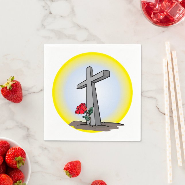 Serviette En Papier Croix funéraire religieuse avec rose rouge (Créateur téléchargé)