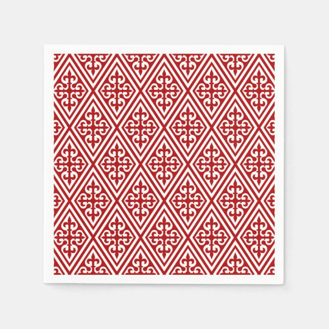 Serviette En Papier Croix médiévale Damask - Rouge profond et blanc (Devant)
