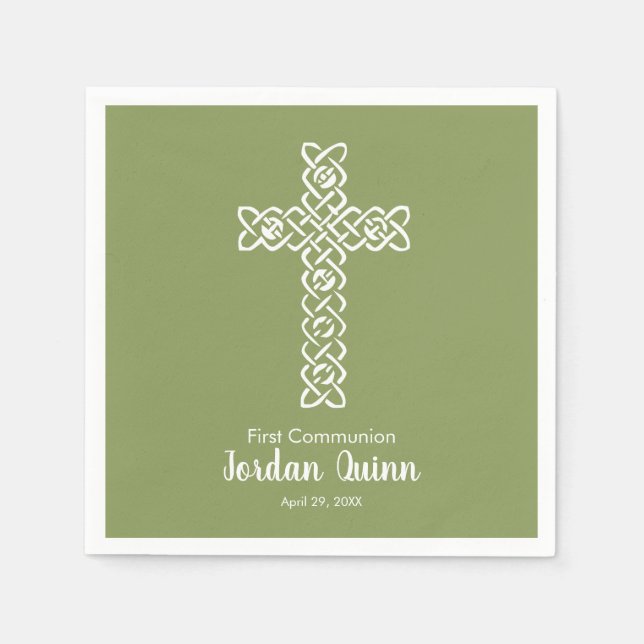 Serviette En Papier Croix | Moss Green Communion Baptism Christening (Devant)