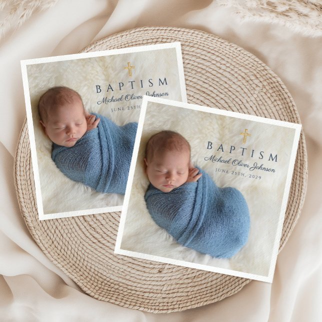 Serviette En Papier Croix religieuse bleu moderne Boy Baptism Photo (Modern Blue Religious Cross Boy Baptism Photo Napkins)