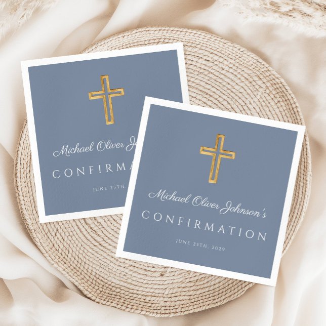 Serviette En Papier Croix Religieuse Bleu Poussiéreux Garçon Confirmat (Religious Cross Dusty Blue Boy Confirmation Napkins)
