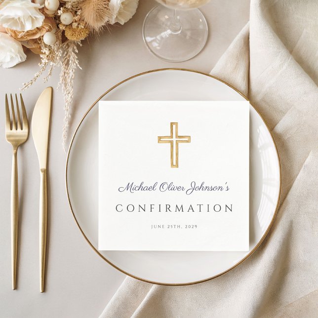 Serviette En Papier Croix Religieuse Écriture Bleu Marine Garçon Confi (Navy Blue Script Religious Cross Boy Confirmation Napkins)