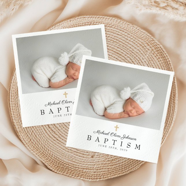 Serviette En Papier Croix religieuse élégante Photo Baptême (Elegant Religious Cross Photo Baptism Napkins)