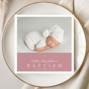 Serviette En Papier Croix Religieuse Élégante Rose Photo Fille Baptême