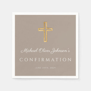 Serviette En Papier Croix Religieuse Taupe Moderne Garçon Confirmation