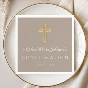 Serviette En Papier Croix Religieuse Taupe Moderne Garçon Confirmation