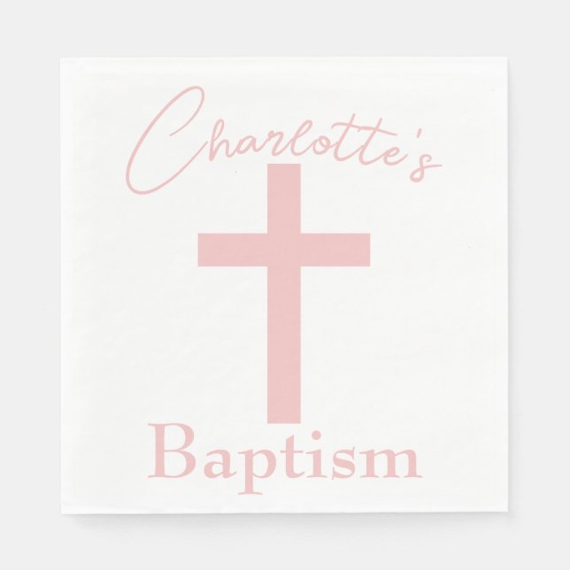 Serviette En Papier Croix rose bébé avec nom personnalisé Baptême (Devant)