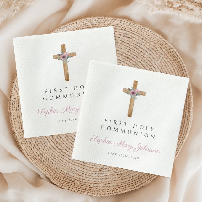 Serviette En Papier Croix rose florale mignonne Première communion fil (Cute Floral Pink Cross Girl First Communion Napkins
)