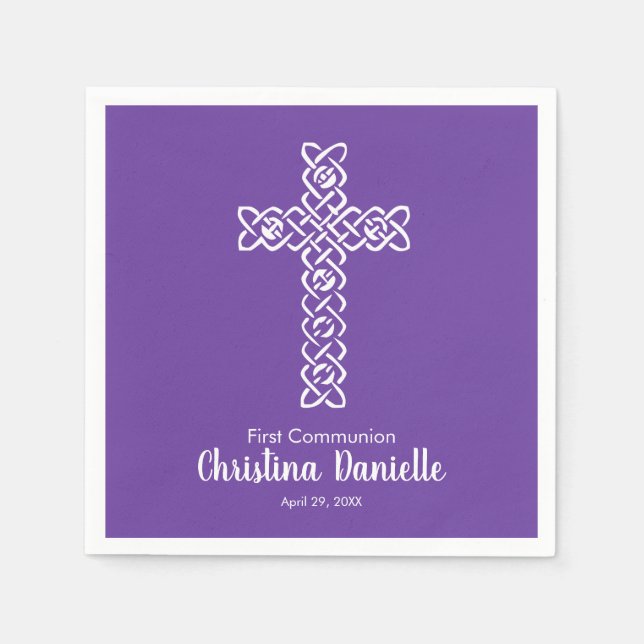 Serviette En Papier Croix royale pourpre | Baptême Communion (Devant)