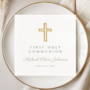 Serviette En Papier Croix Taupe Élégante Communion Solennelle Religieu