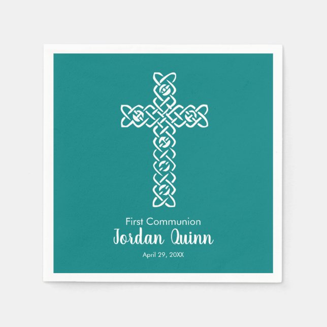 Serviette En Papier Croix | Turquoise Communion Baptême Christening (Devant)