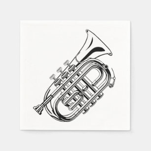 Serviette En Papier Croquis de trompette noir et blanc Instrument de m