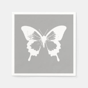 Serviette En Papier Croquis papillon, gris argenté et blanc