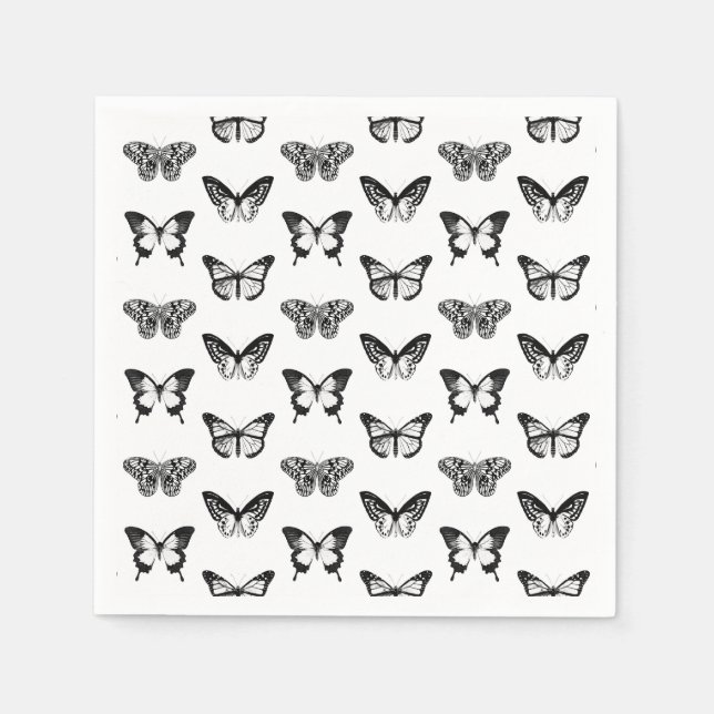 Serviette En Papier Croquis papillon, noir et blanc (Devant)