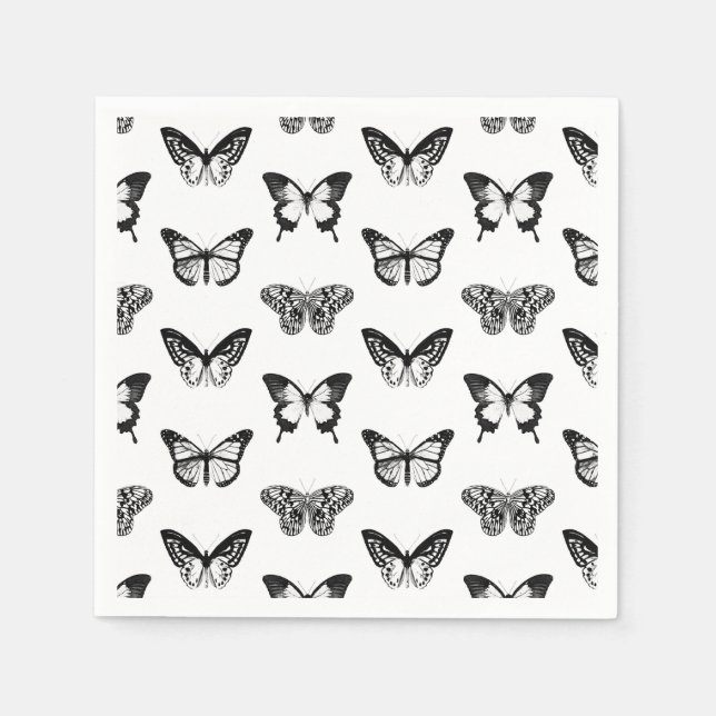 Serviette En Papier Croquis papillon, noir et blanc (Devant)