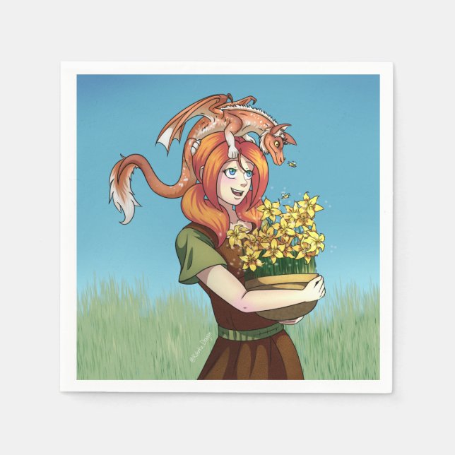 Serviette En Papier Cueillir des fleurs avec un dragon (Devant)