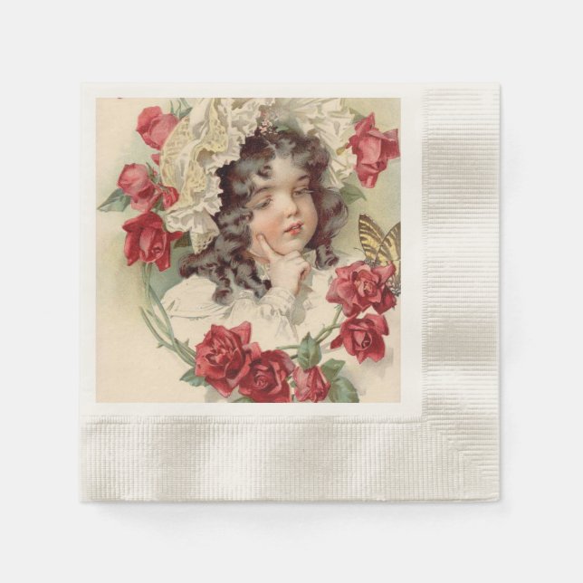 Serviette En Papier Cuite victorienne aux roses rouges (Devant)