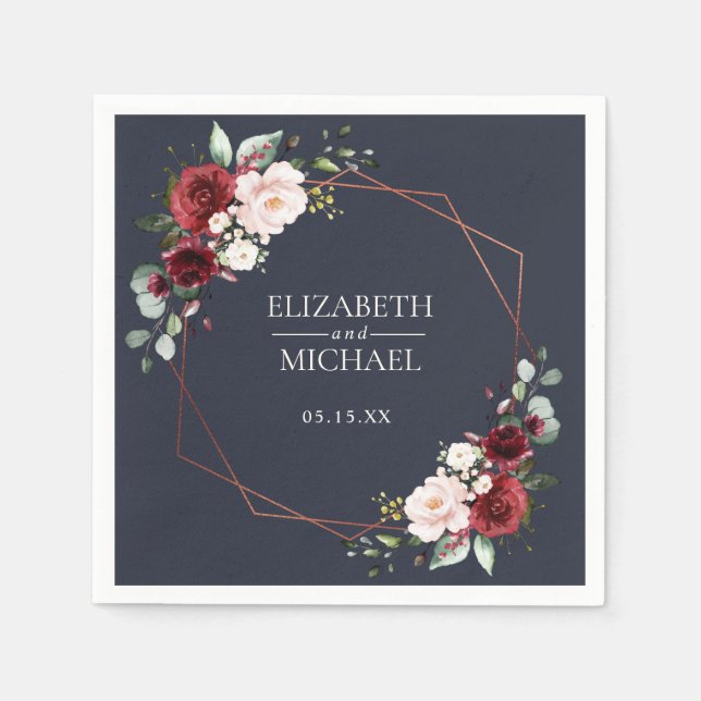 Serviette En Papier Cuivre Géométrique Bourgogne Mariage Bleu Napkin (Devant)