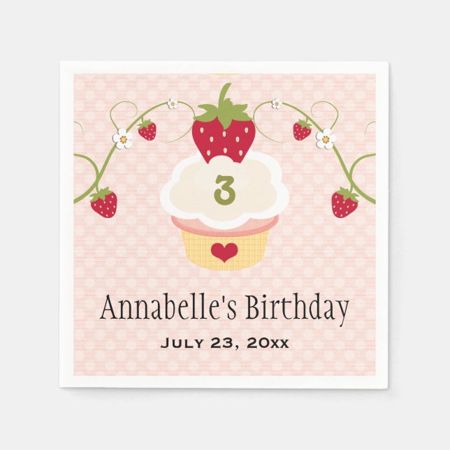 Serviette En Papier Cupcake aux fraises roses fête d'anniversaire n'im (Devant)