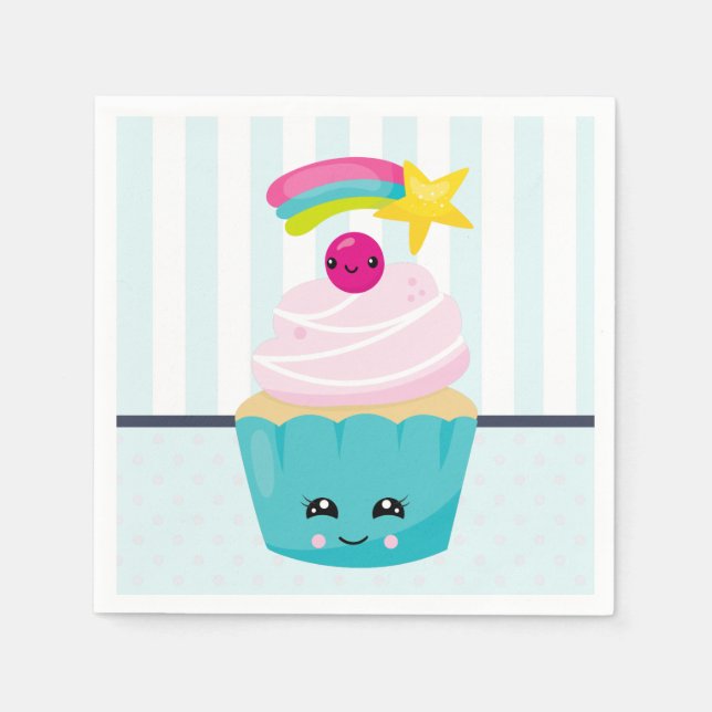 Serviette En Papier Cupcake bleu mignon avec visage Kawaii (Devant)
