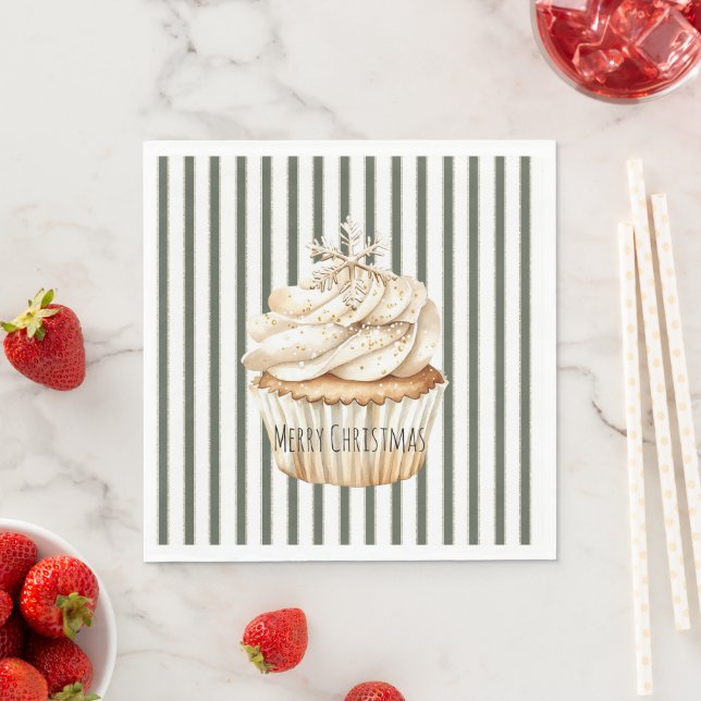 Serviette En Papier Cupcake de Noël Olive Cream Stripes Flocon de Neig (En situation)