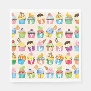 Serviette En Papier Cupcakes Happy Birthday Ajouter Votre Nom Goodies