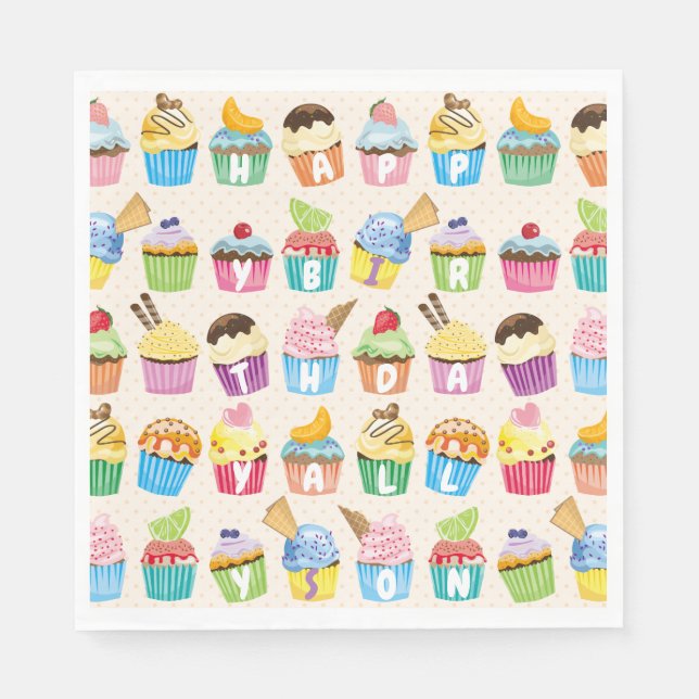 Serviette En Papier Cupcakes Happy Birthday Ajouter Votre Nom Goodies  (Devant)