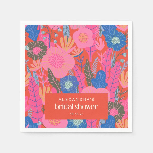 Serviette En Papier Custom Bridal Shower Boho Floral Pink Red Stylish (Devant)
