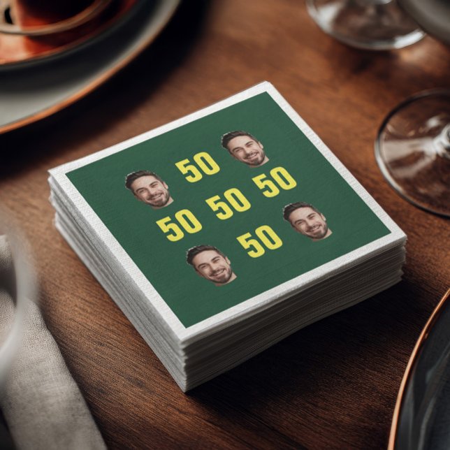 Serviette En Papier Custom Face Photo 50th Birthday Fun (Green cocktail napkin featuring four custom face photos arranged in a grid with bright yellow “50” )