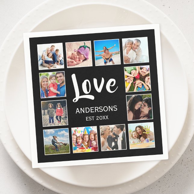 Serviette En Papier Custom Family Photo Collage Personalized Black (Créateur téléchargé)