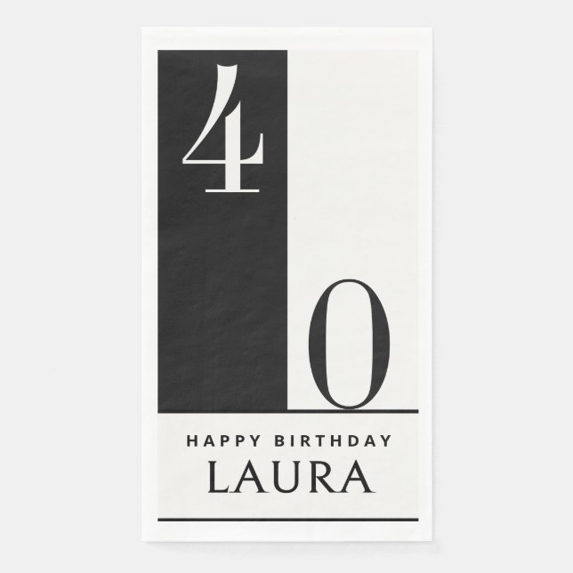 Serviette En Papier Custom Name & Age Black and White Birthday (Devant)