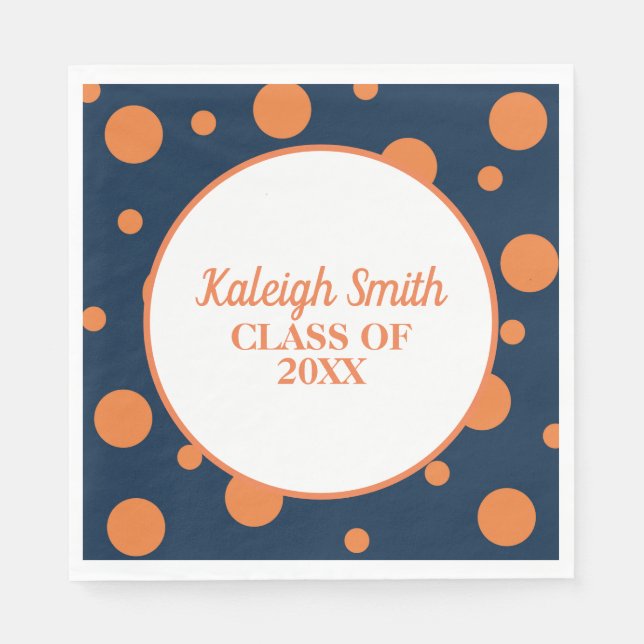 Serviette En Papier Custom Navy Blue Orange Polka Dot Graduation (Devant)