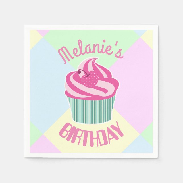 Serviette En Papier Custom Pink Birthday Cupcake Personalised (Devant)