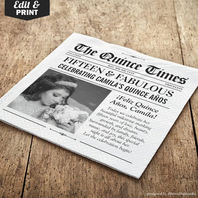 Serviette En Papier Custom Quinceañera Napkins, Miss Quince Newspaper (Custom Quinceañera Napkins, Miss Quince Newspaper Napkins)