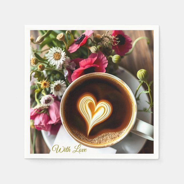 Serviette En Papier Custom "With Love"  Cup of Coffee & Red Poppies  (Devant)