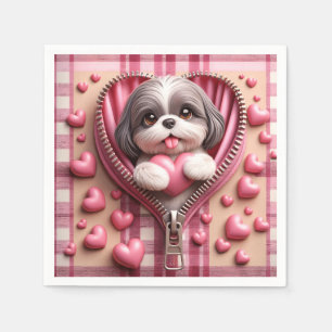 Serviette En Papier Cute 3D Shih Tzu dans un Arrière - plan rose et bl