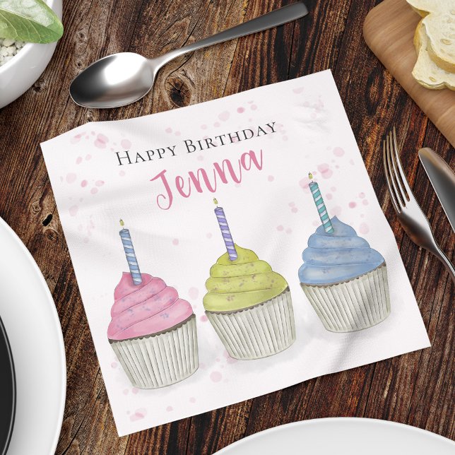 Serviette En Papier Cute Anniversaire de enfant Party Cupcakes Custom (Happy Birthday cute party custom napkin with watercolor cupcakes.)