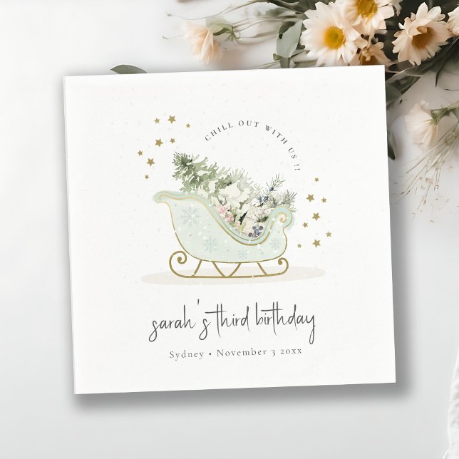 Serviette En Papier Cute Aqua Blue Gold Hiver Sleigh N'importe quel âg (Créateur téléchargé)