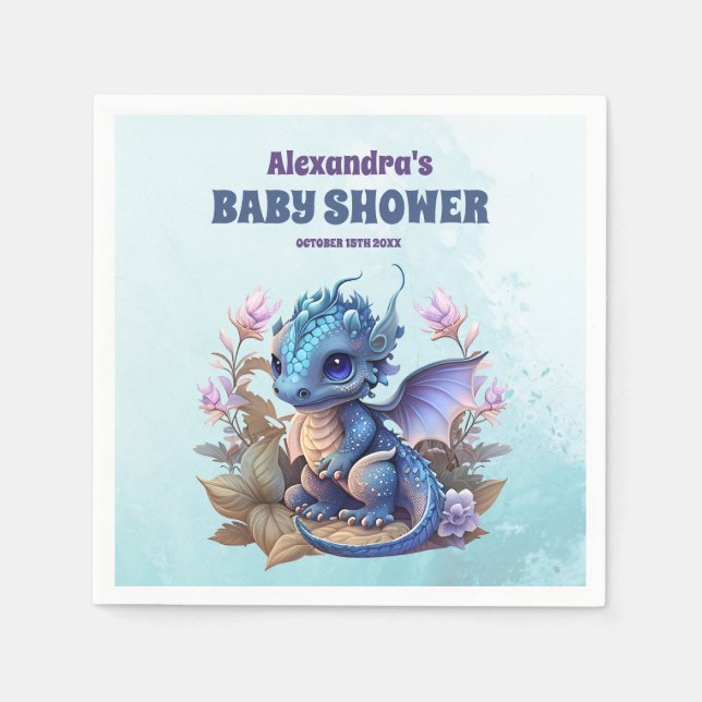 Serviette En Papier Cute Aquarelle Baby shower Dragon Bleu (Devant)
